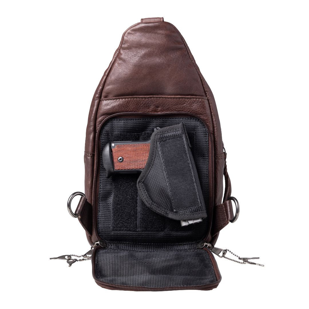 Concealed Carry Unisex Taylor Leather Sling Backpack in Dark Brown – holster compartment