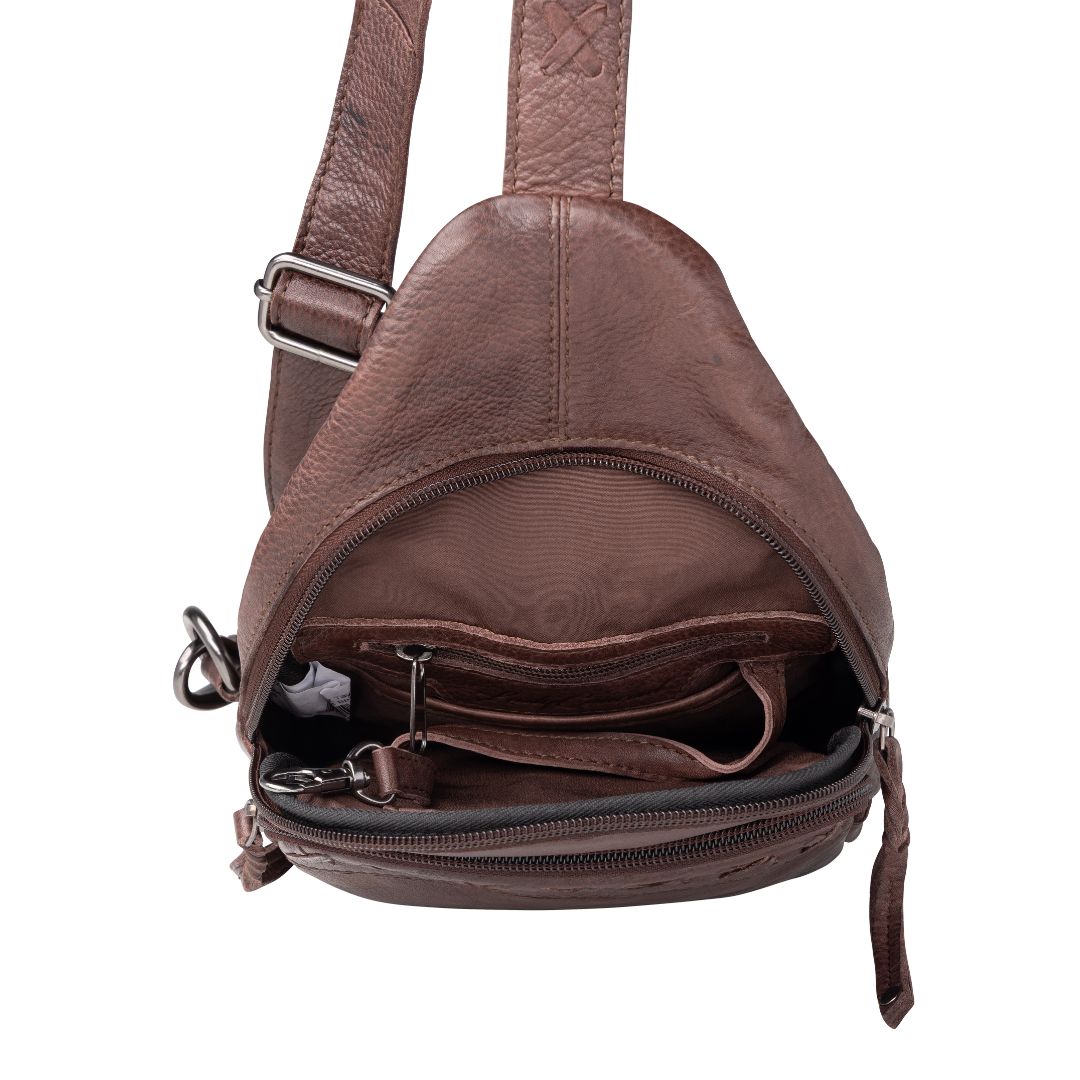 Concealed Carry Unisex Taylor Leather Sling Backpack in Dark Brown – interior view
