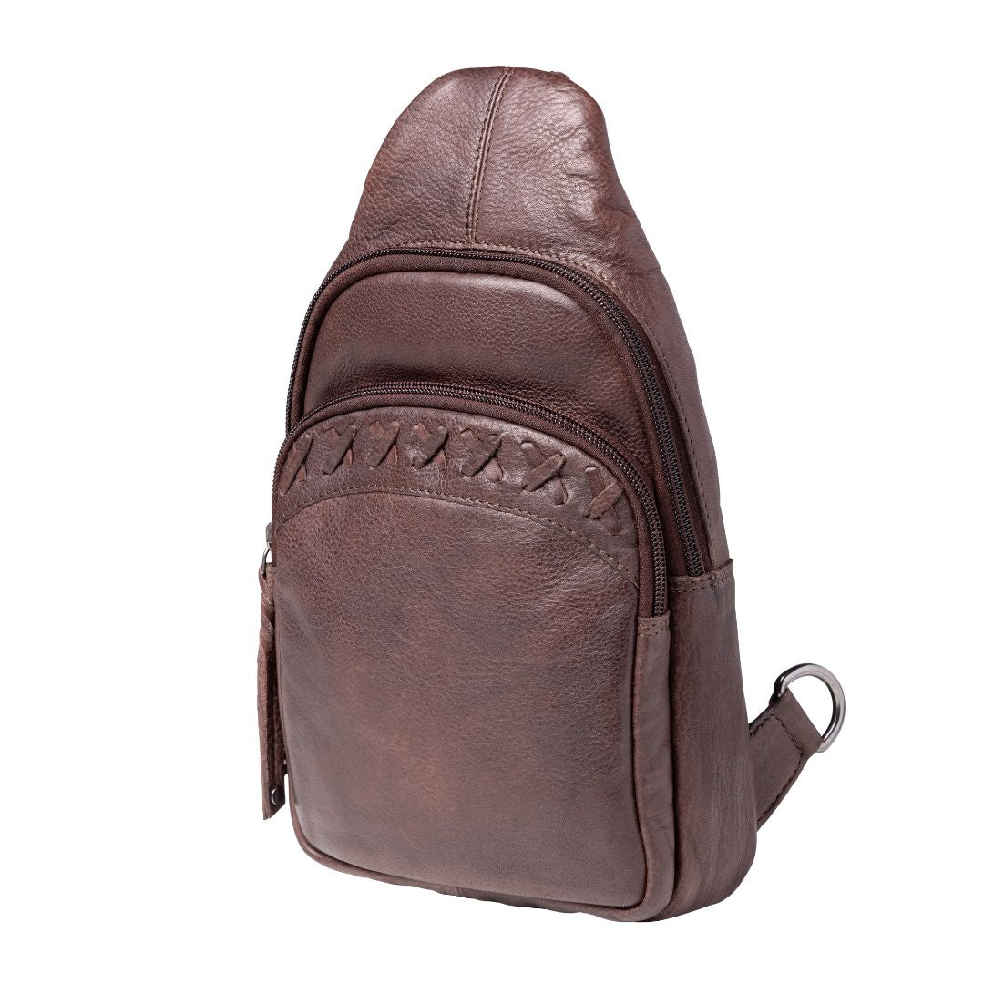 Concealed Carry Unisex Taylor Leather Sling Backpack in Dark Brown – side view