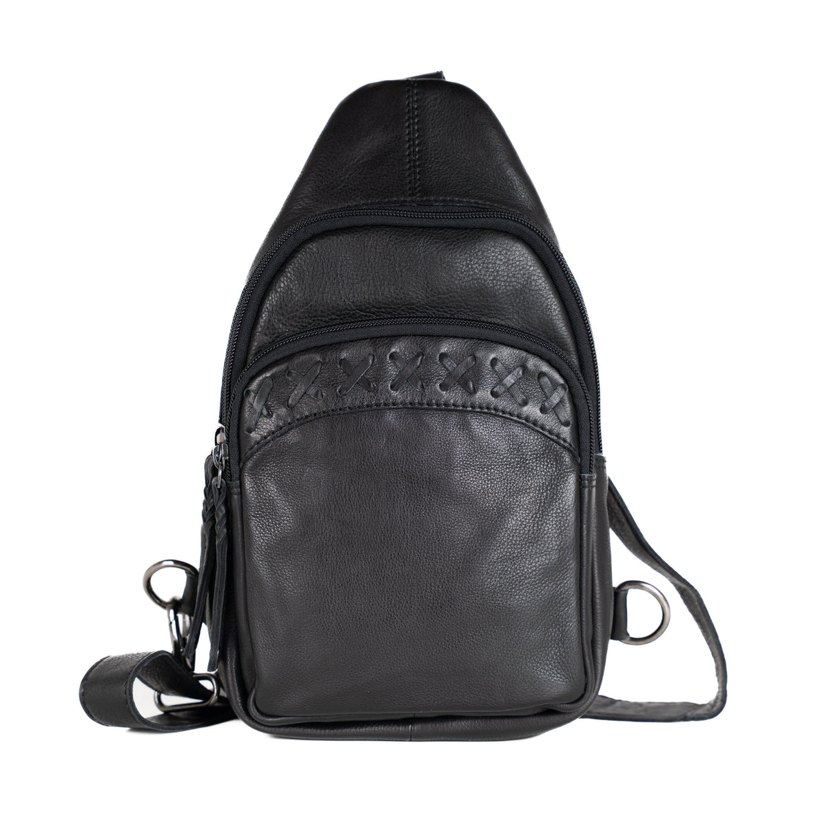Concealed Carry Unisex Taylor Leather Sling Backpack in Black – front view