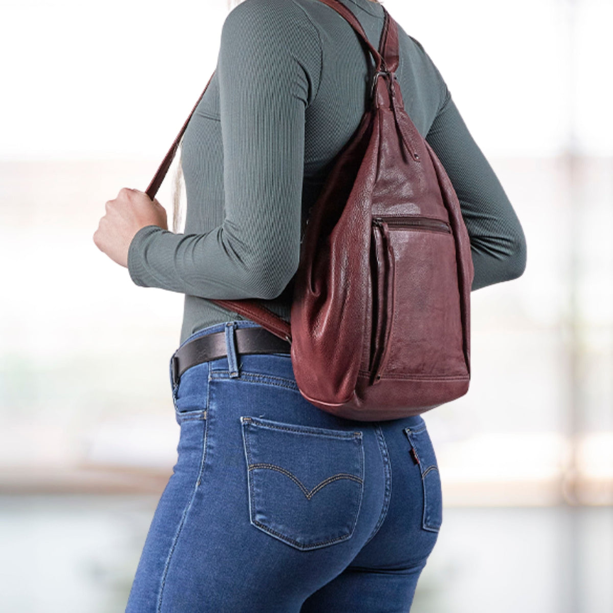 Concealed Carry Marley Backpack in Bordo – worn by model 3