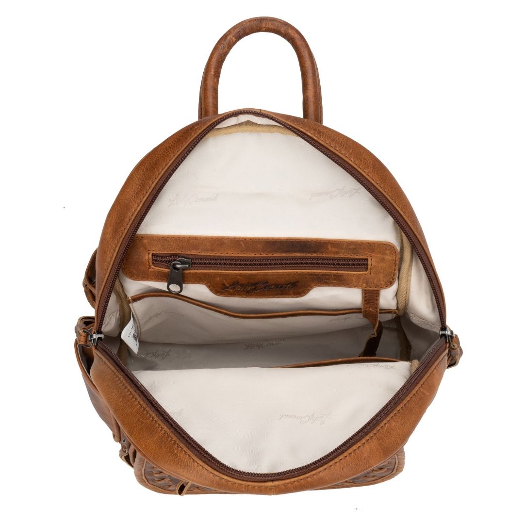 Concealed Carry RFID Daisy Leather Backpack in Cognac – interior view