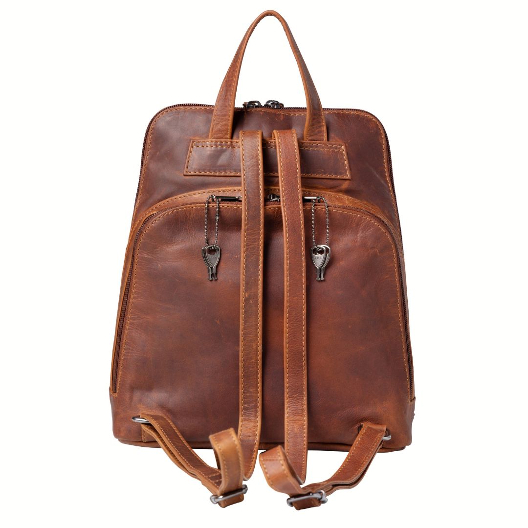 Concealed Carry Jayden Leather Backpack in Cognac – back view 3