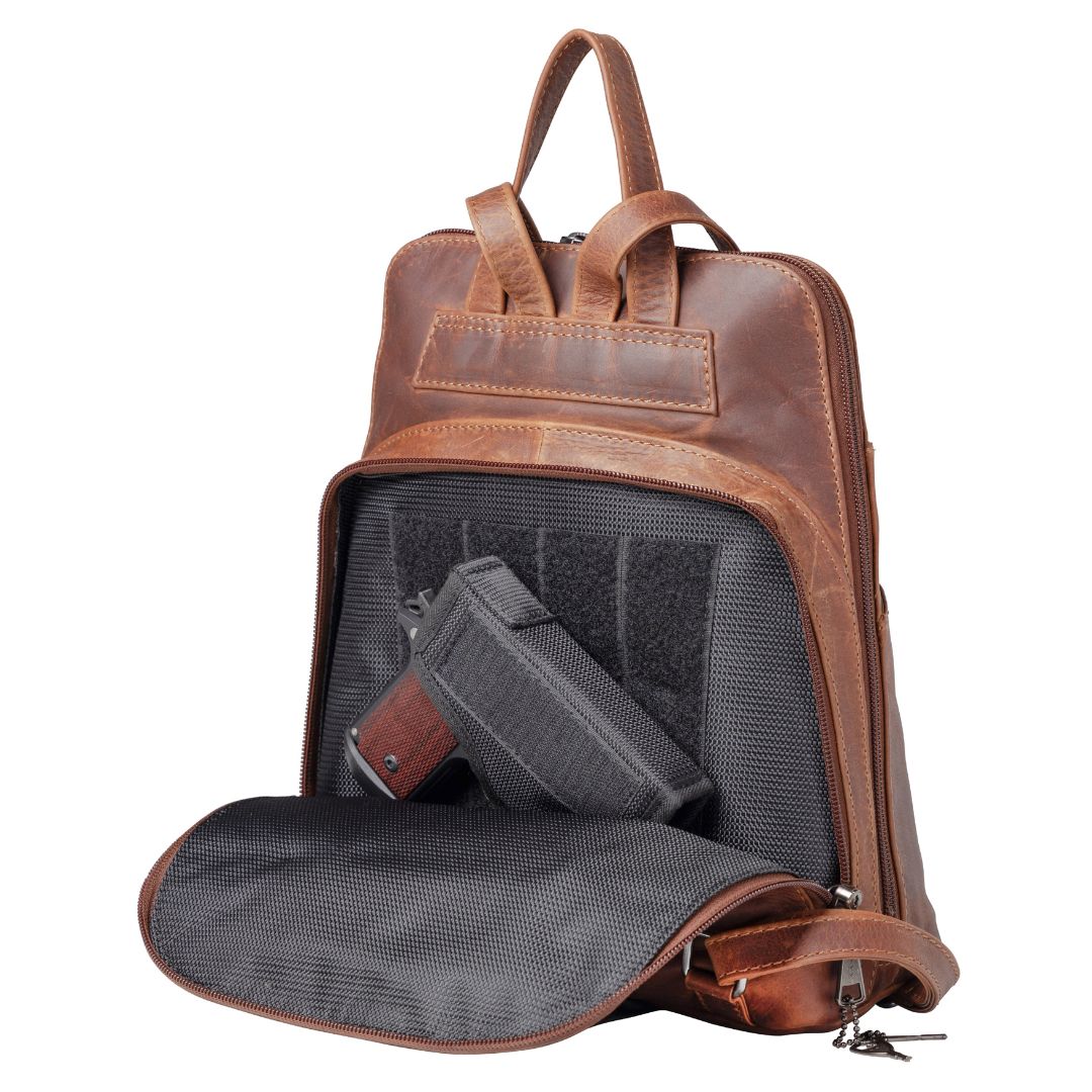 Concealed Carry Jayden Leather Backpack in Cognac – concealment pocket