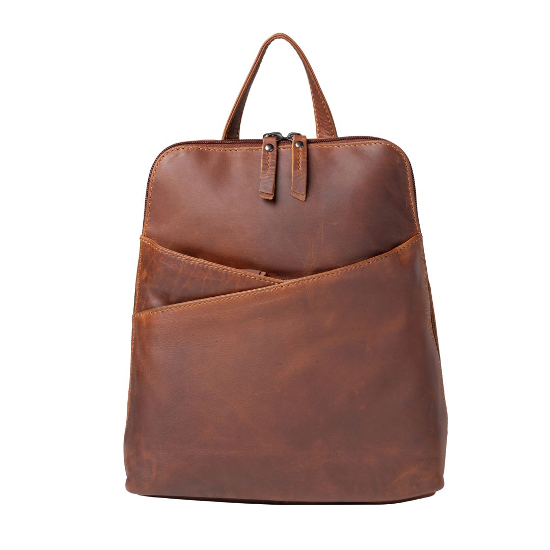 Concealed Carry Jayden Leather Backpack in Cognac – back view