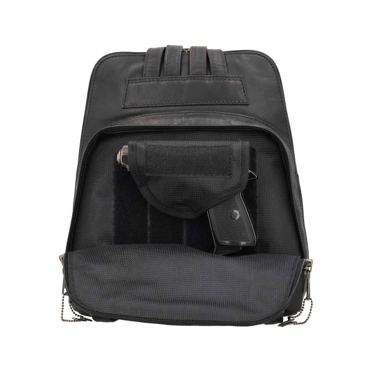 Concealed Carry Jayden Leather Backpack in Black – shown with handgun
