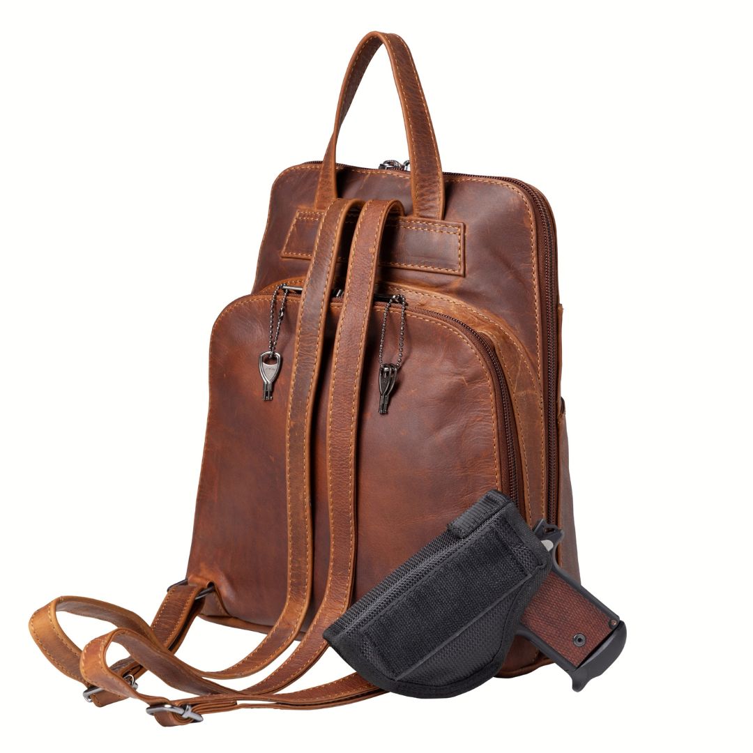 Concealed Carry Jayden Leather Backpack in Cognac – holster compartment