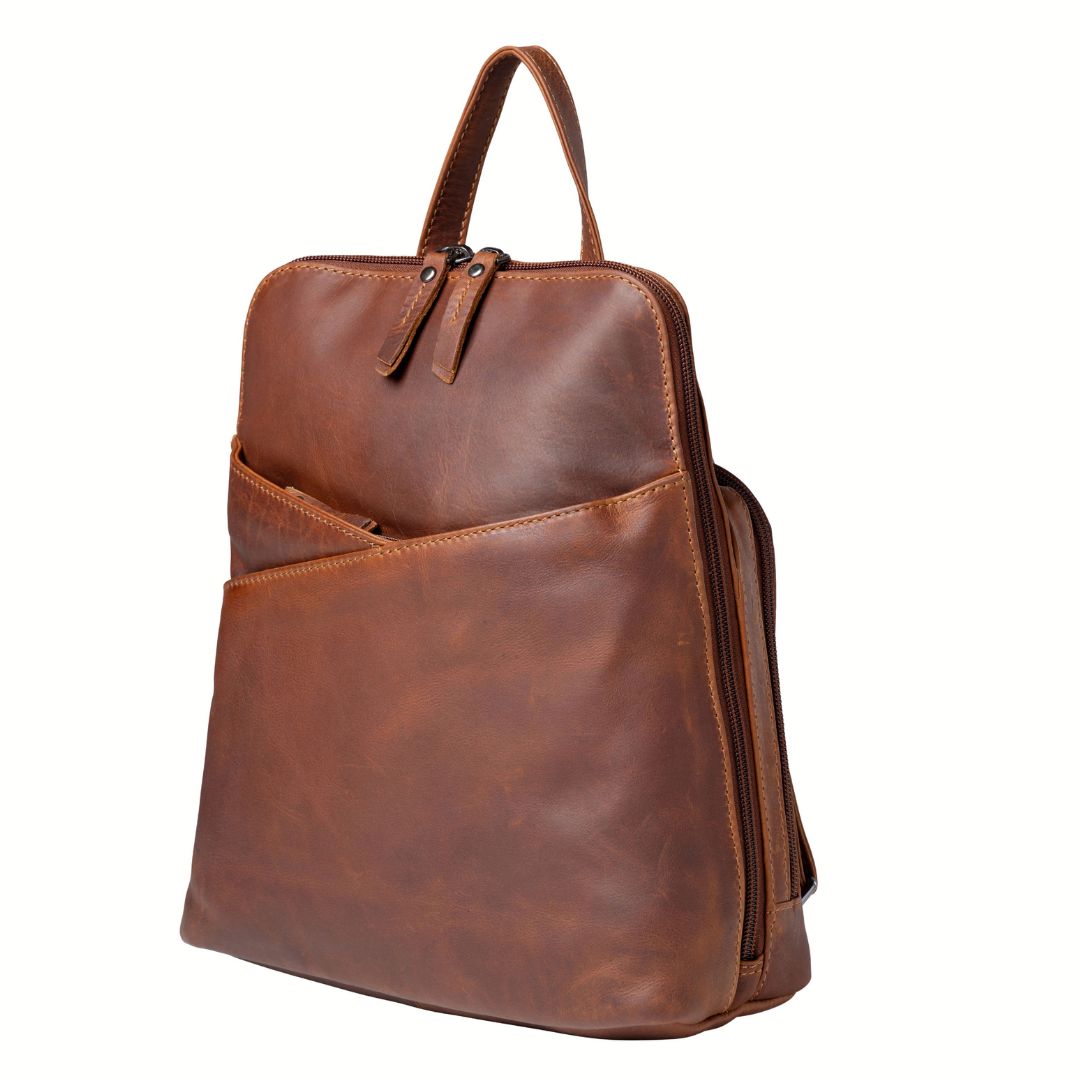 Concealed Carry Jayden Leather Backpack in Cognac – back view 2