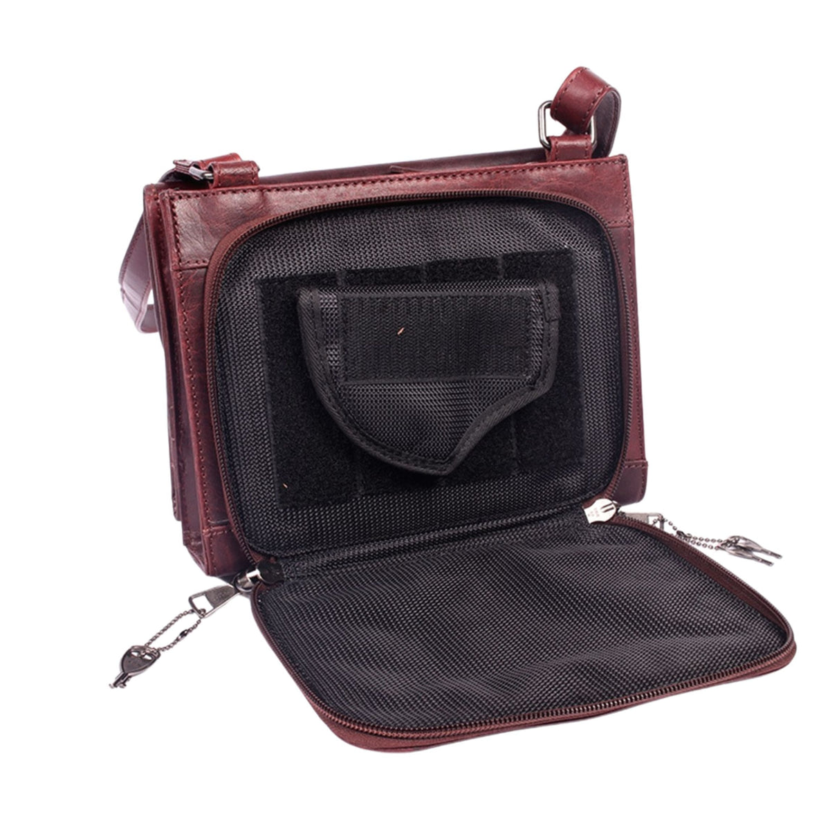 Concealed Carry Raelynn Buffalo Leather Crossbody RFID Organizer in Burgundy – concealment pocket 2