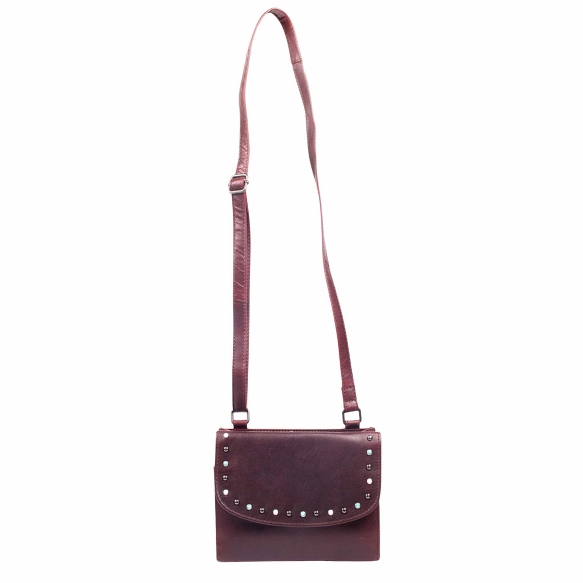 Concealed Carry Raelynn Buffalo Leather Crossbody RFID Organizer in Burgundy – strap detail