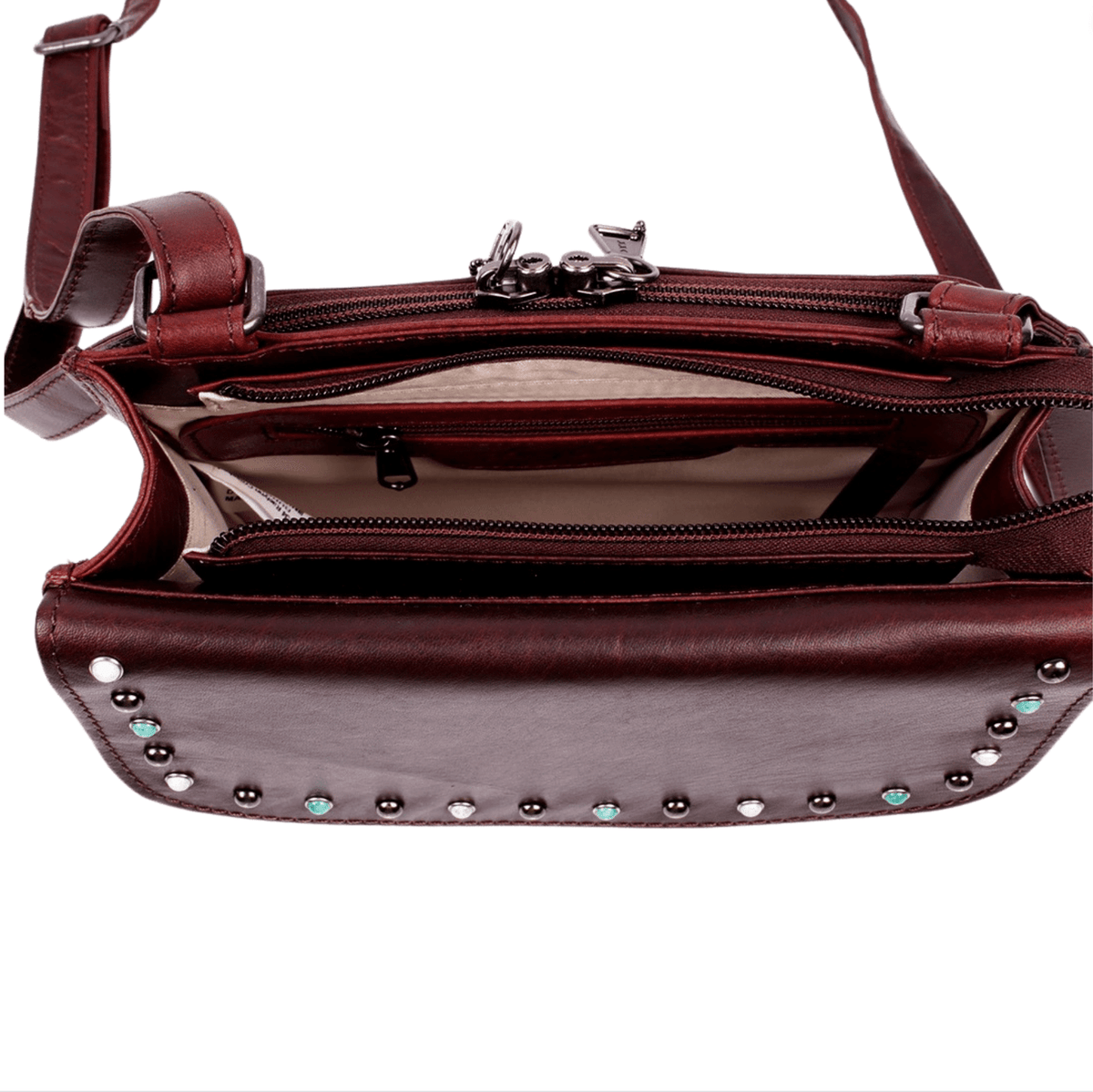 Concealed Carry Raelynn Buffalo Leather Crossbody RFID Organizer in Burgundy – interior view