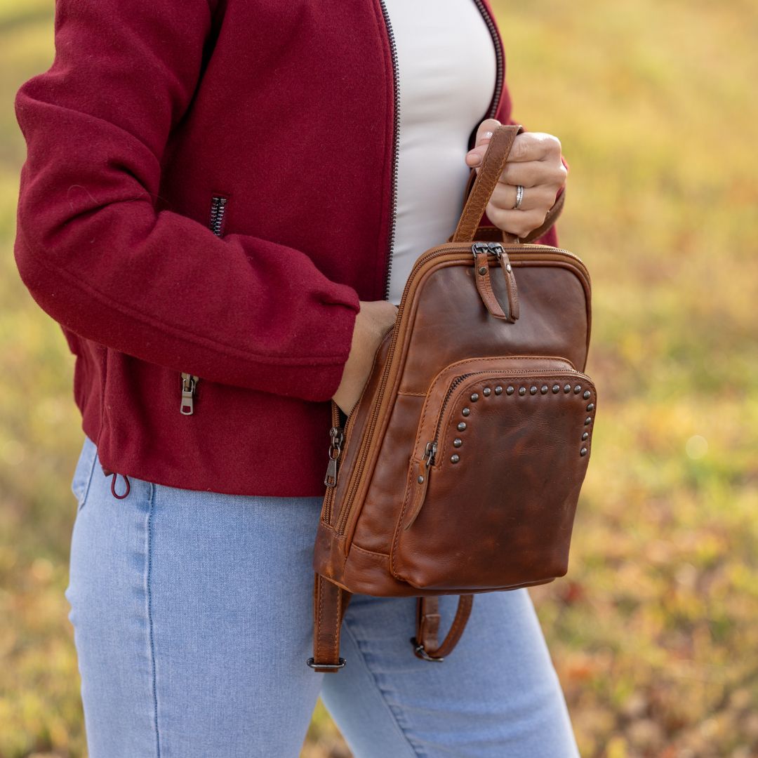 Concealed Carry Abby Leather Backpack – worn by model