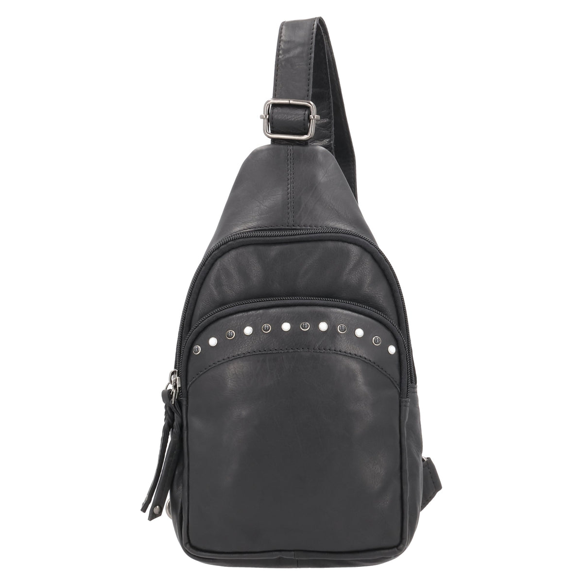 Concealed Carry Haven Sling Leather Backpack in Black – front view 2