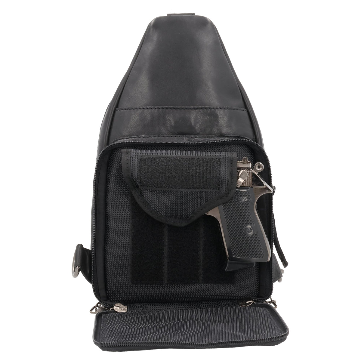 Concealed Carry Haven Sling Leather Backpack in Black – shown with handgun