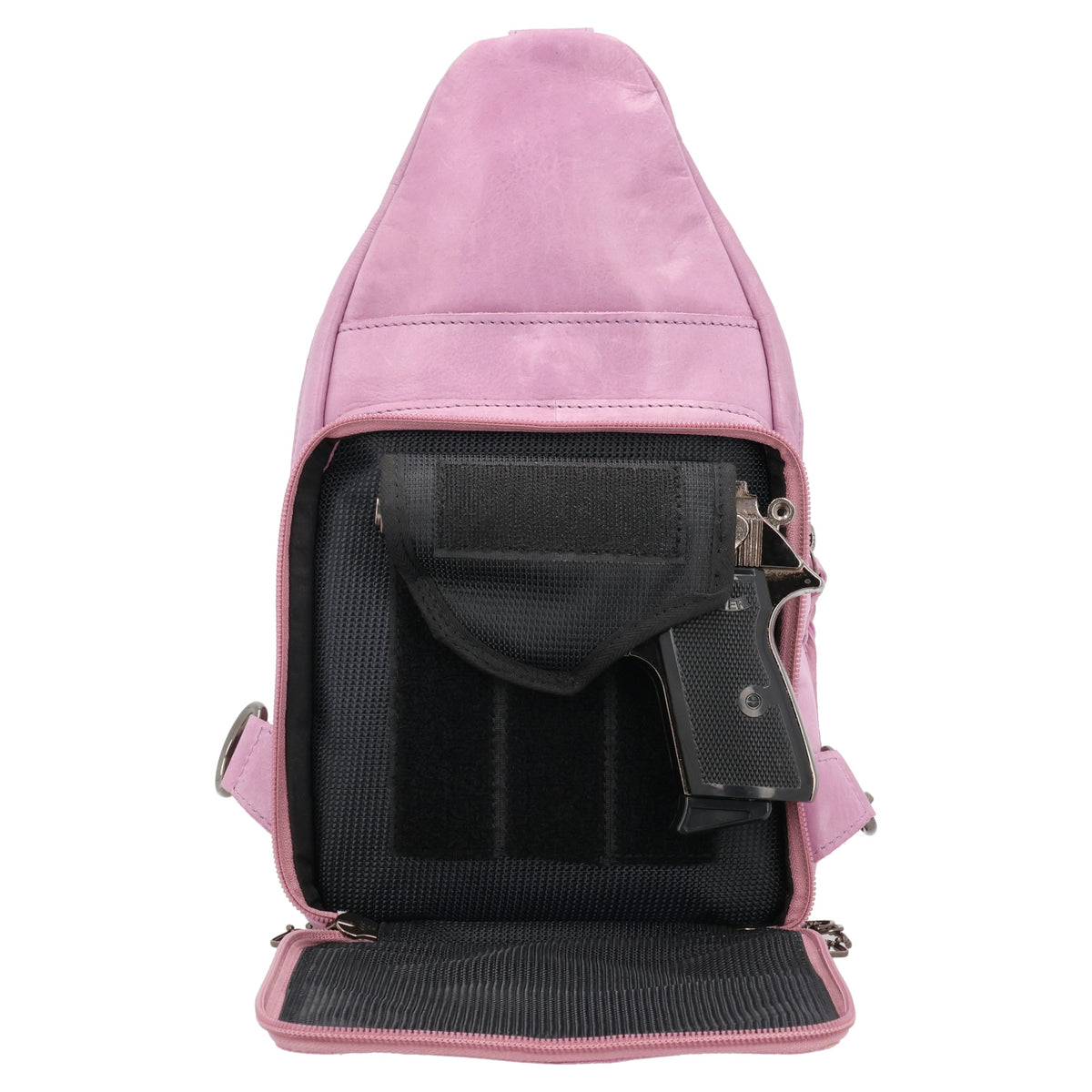 Concealed Carry Haven Sling Leather Backpack in Lilac – shown with handgun