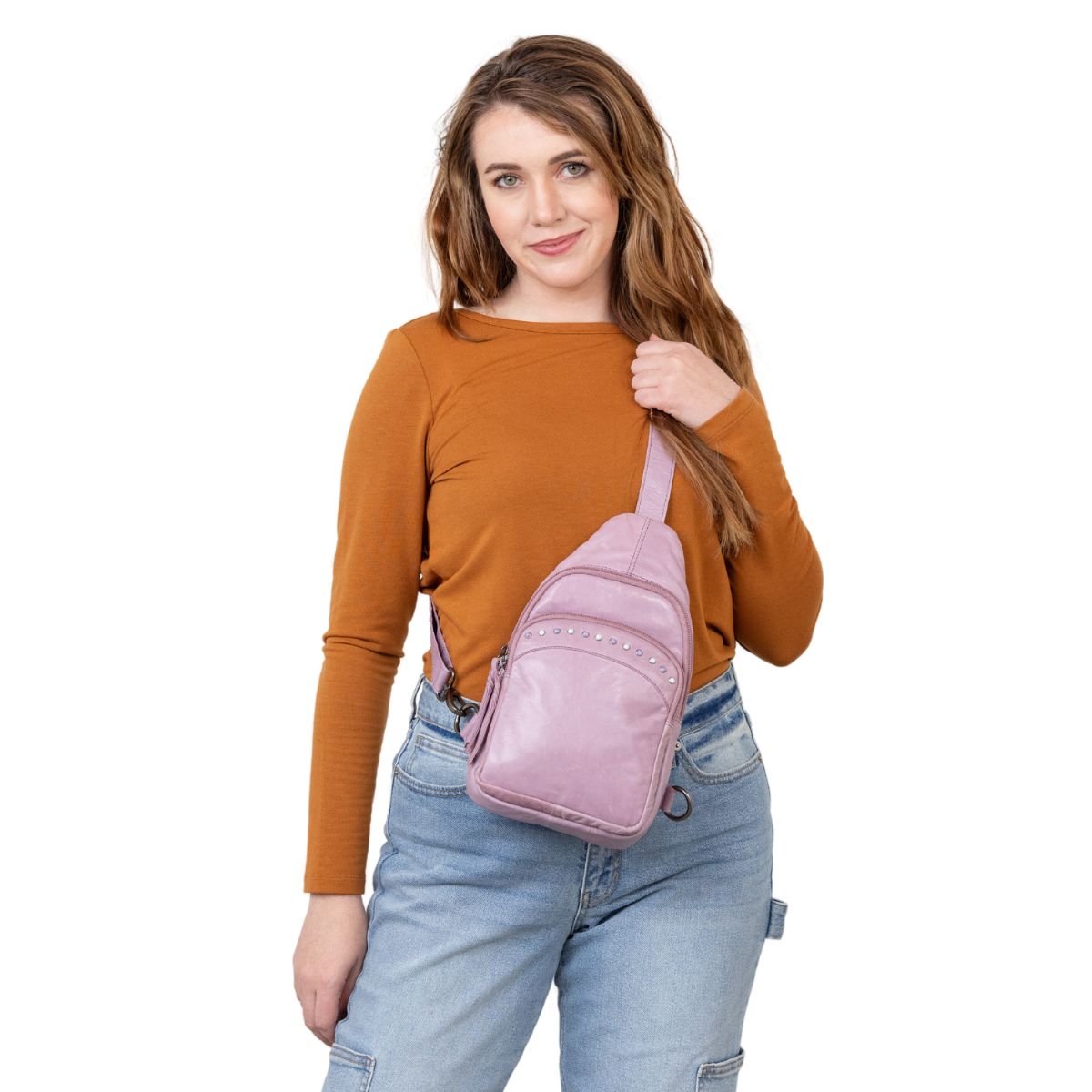 Concealed Carry Haven Sling Leather Backpack in Lilac – worn by model