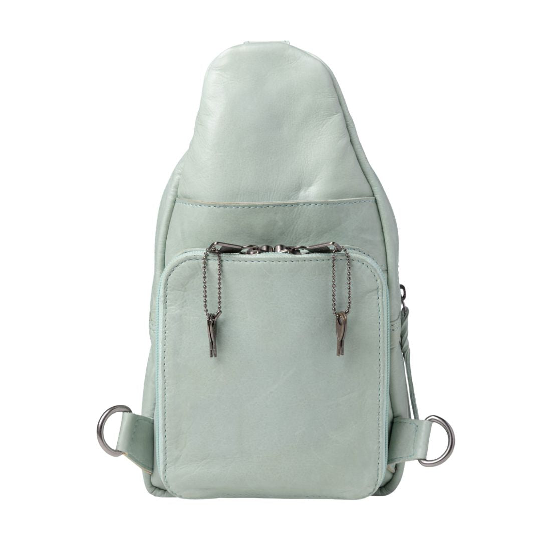 Concealed Carry Haven Sling Leather Backpack in Mint – back view