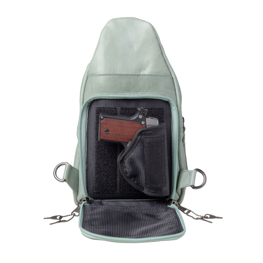 Concealed Carry Haven Sling Leather Backpack in Mint – concealment pocket