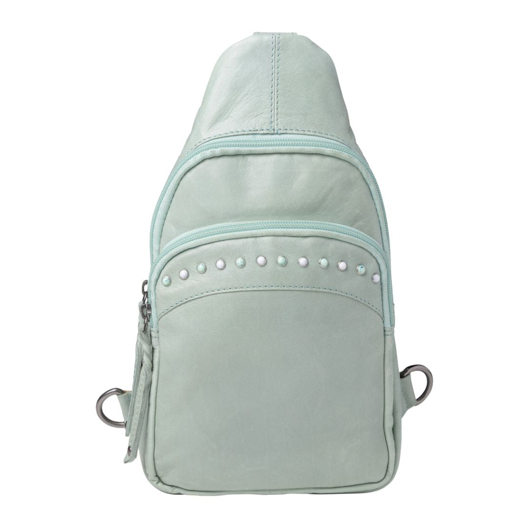 Concealed Carry Haven Sling Leather Backpack in Mint – front view