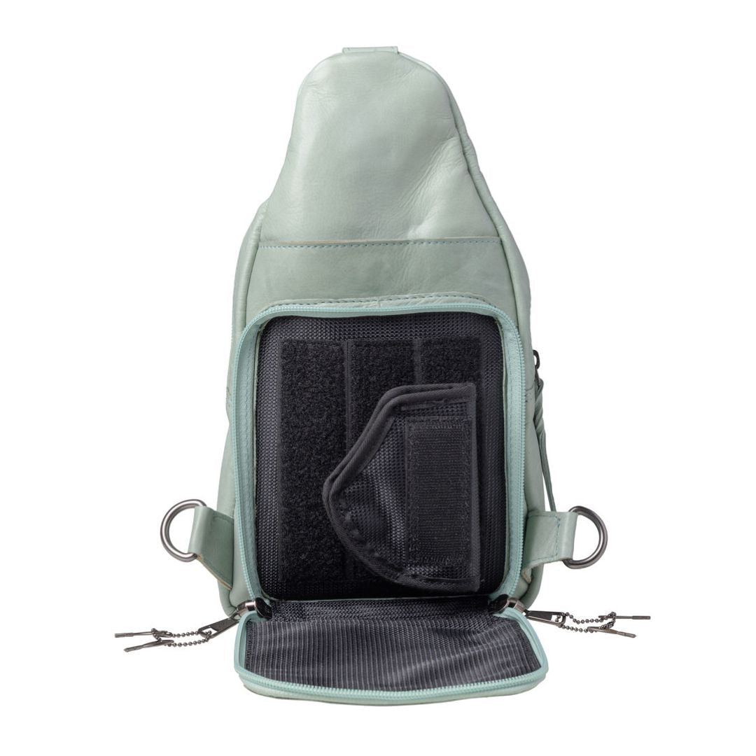Concealed Carry Haven Sling Leather Backpack in Mint – holster compartment