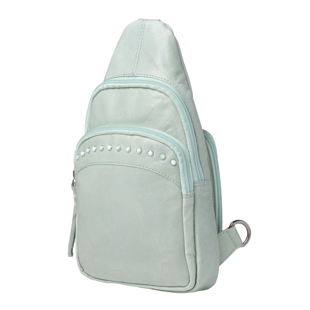 Concealed Carry Haven Sling Leather Backpack in Mint – side view