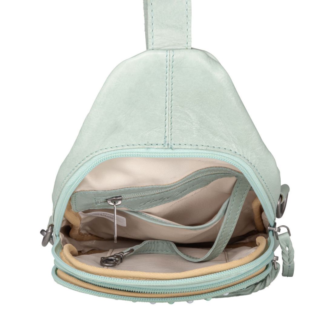 Concealed Carry Haven Sling Leather Backpack in Mint – interior view 2