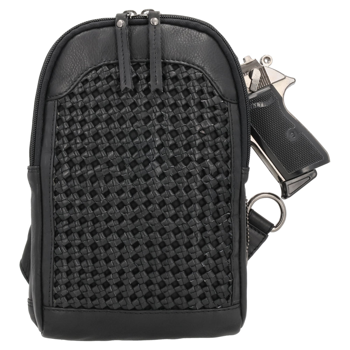 Concealed Carry Bristol Sling Leather Backpack in Black – shown with handgun