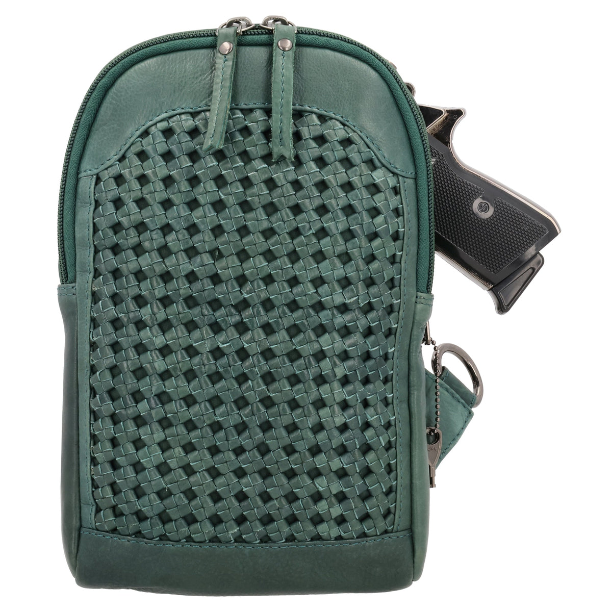 Concealed Carry Bristol Sling Leather Backpack in Forest Green – shown with handgun