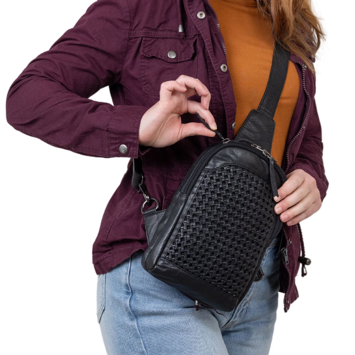 Concealed Carry Bristol Sling Leather Backpack in Black – worn by model 3