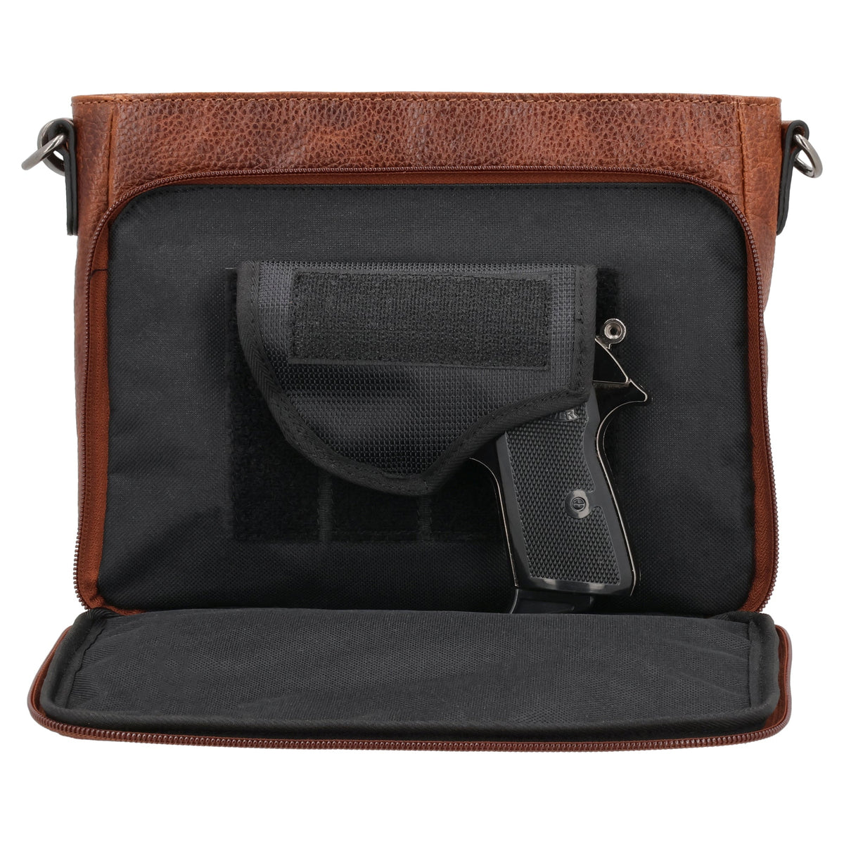 Concealed Carry Zoe Leather Crossbody in Cognac – shown with handgun