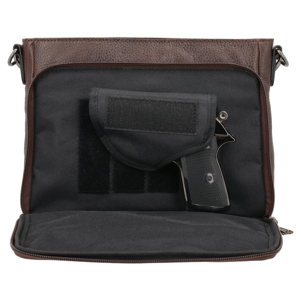 Concealed Carry Zoe Leather Crossbody in Cognac – shown with handgun 3