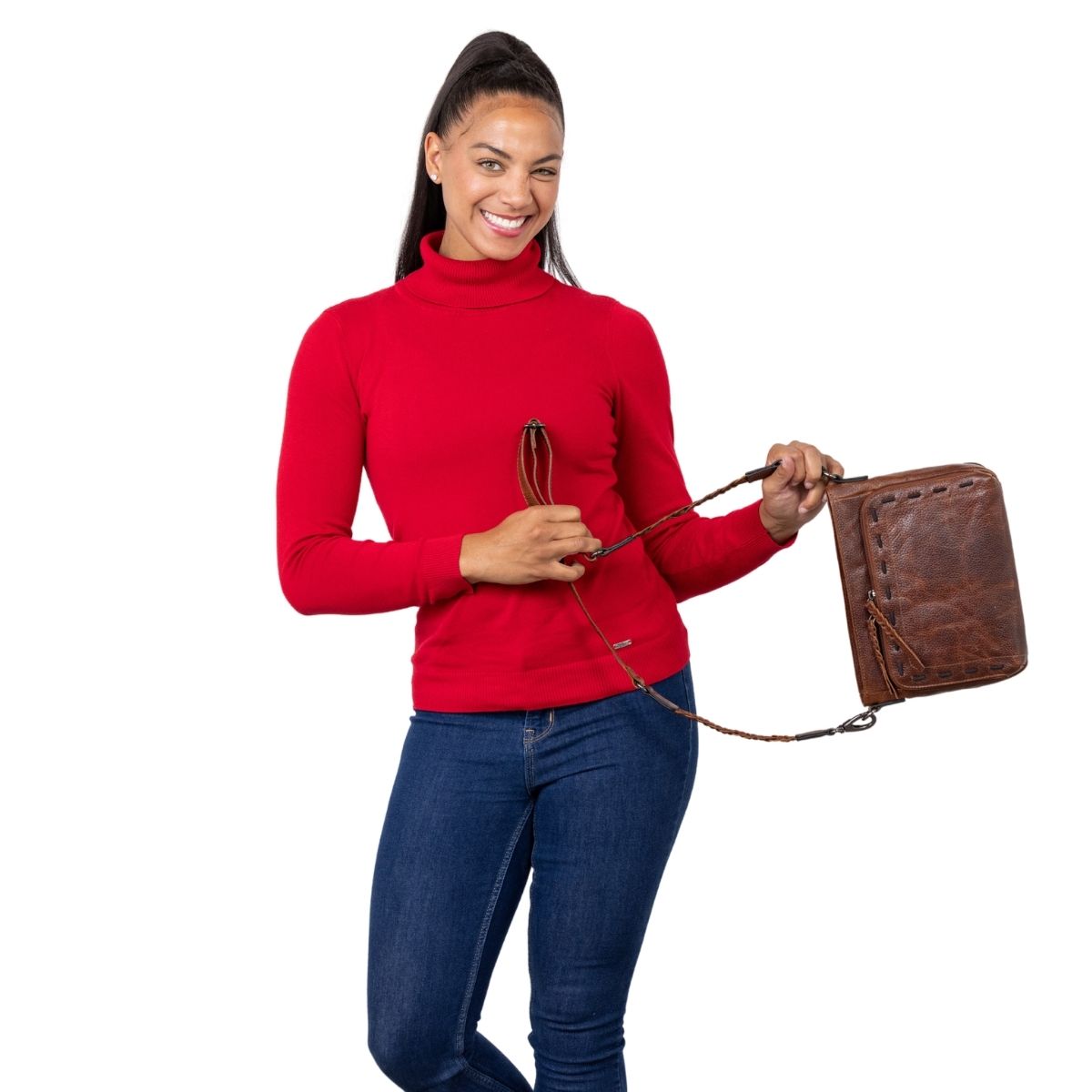 Concealed Carry Zoe Leather Crossbody in Cognac – worn by model 2