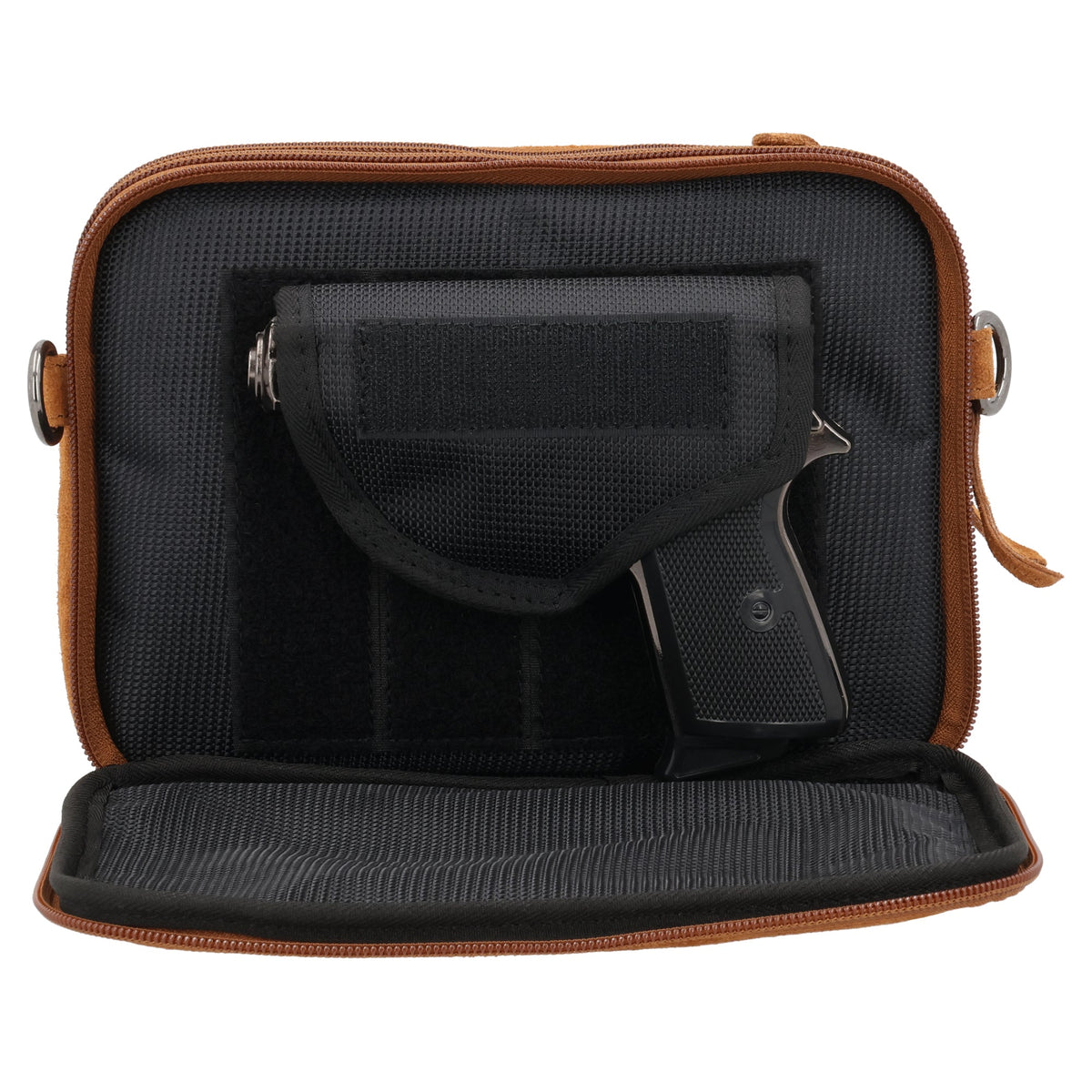 Concealed Carry Hadley Suede Crossbody in Chestnut – shown with handgun