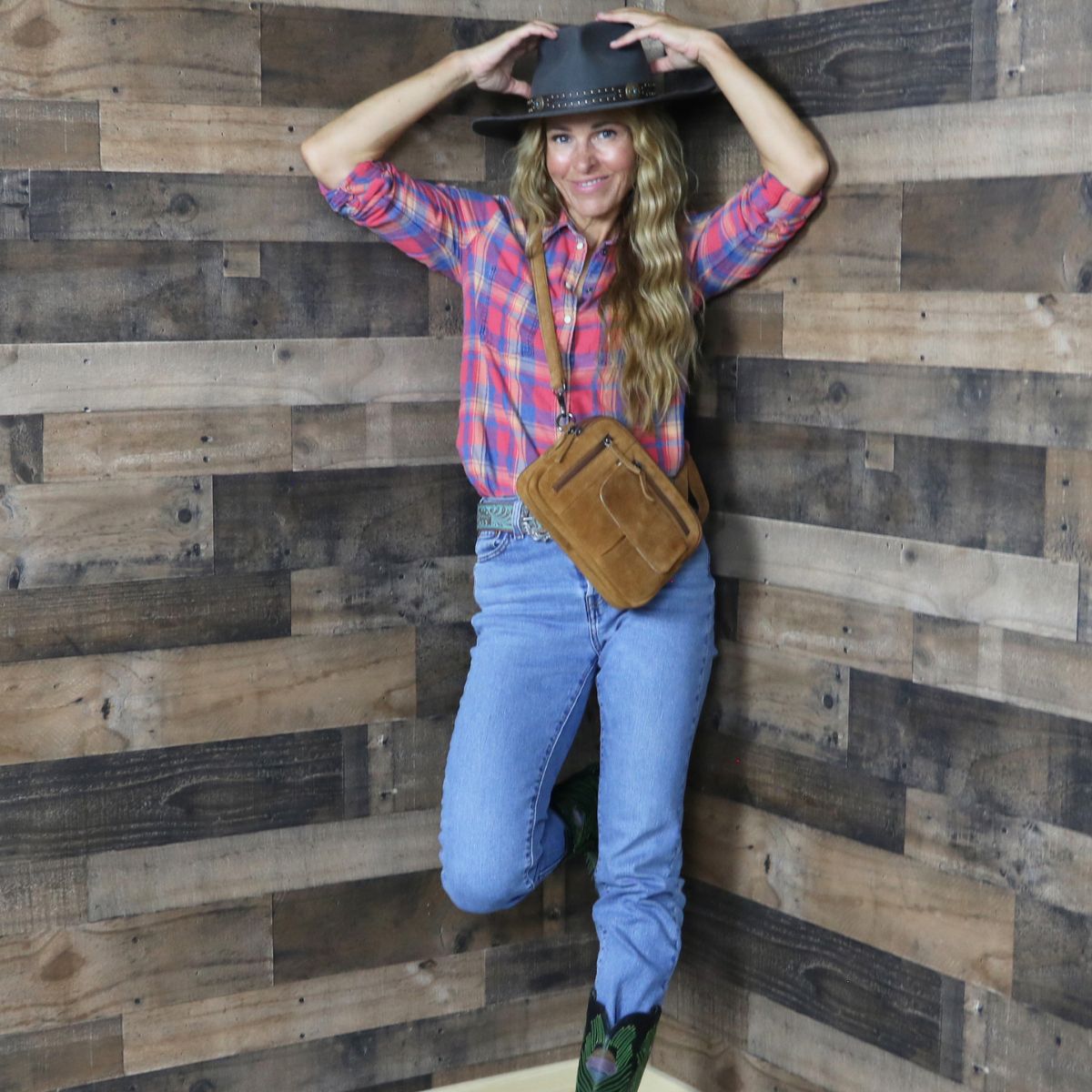 Concealed Carry Hadley Suede Crossbody in Chestnut – worn by model