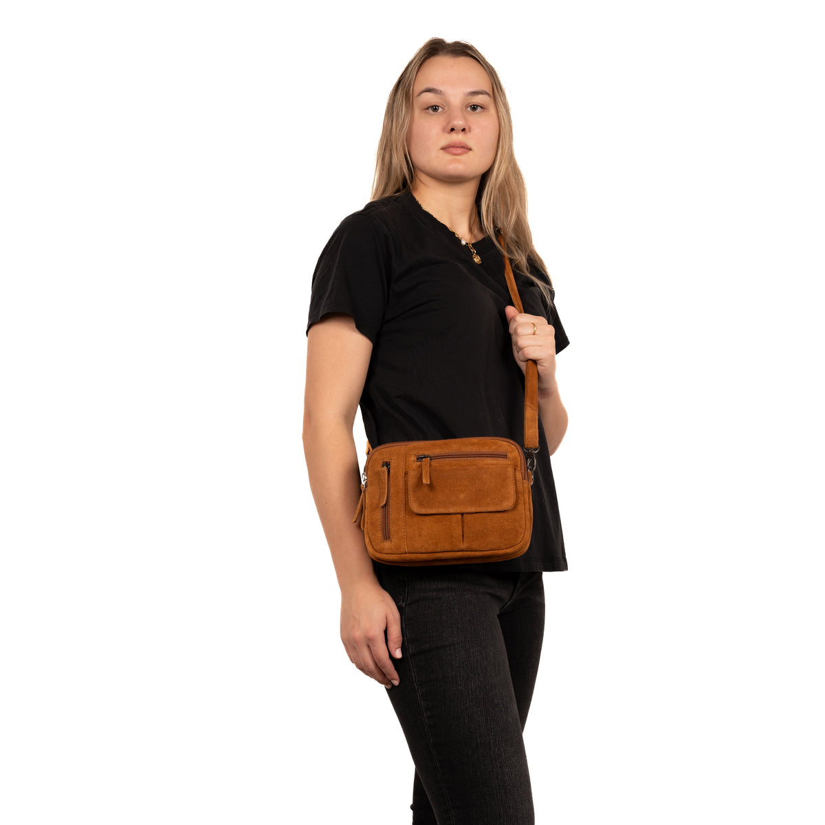Concealed Carry Hadley Suede Crossbody in Chestnut – worn by model 2