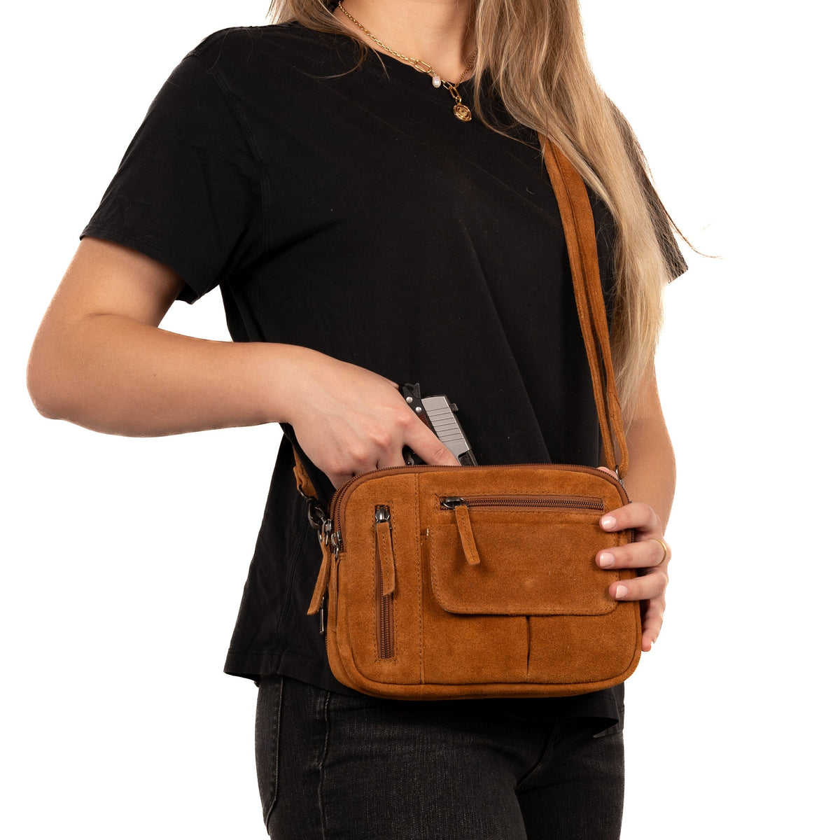 Concealed Carry Hadley Suede Crossbody in Chestnut – worn by model 3