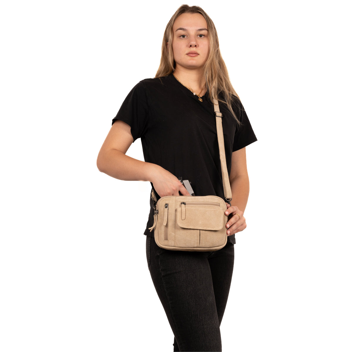 Concealed Carry Hadley Suede Crossbody in Sand – worn by model