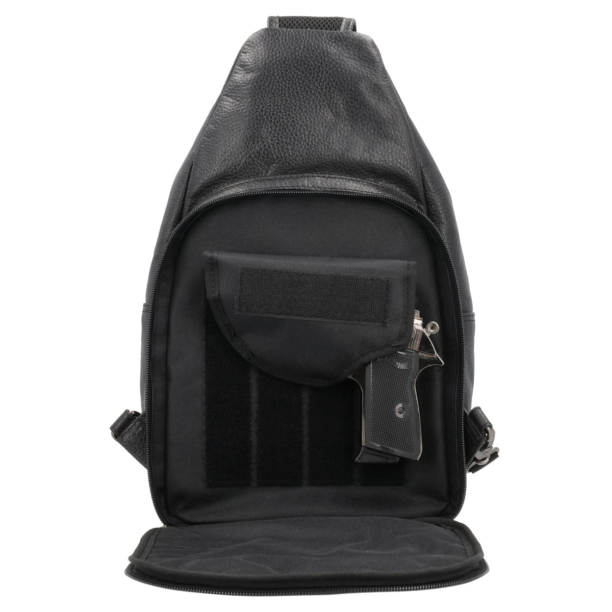 Concealed Carry Unisex Grayson Buffalo Leather Sling in Black – shown with handgun