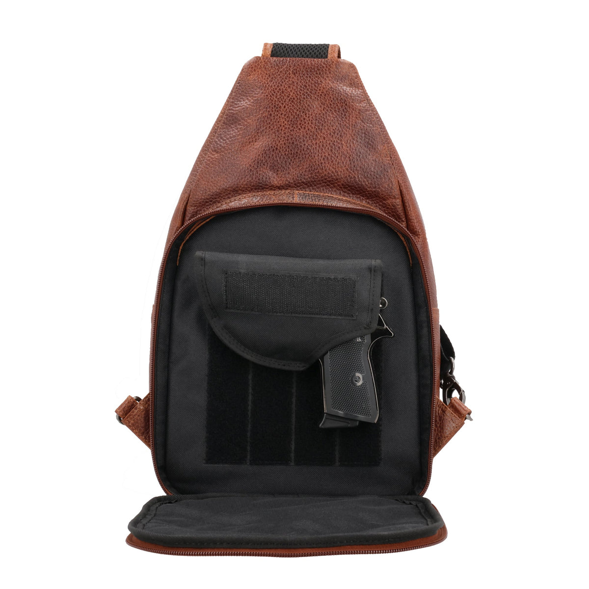 Concealed Carry Unisex Grayson Buffalo Leather Sling in Cognac – shown with handgun