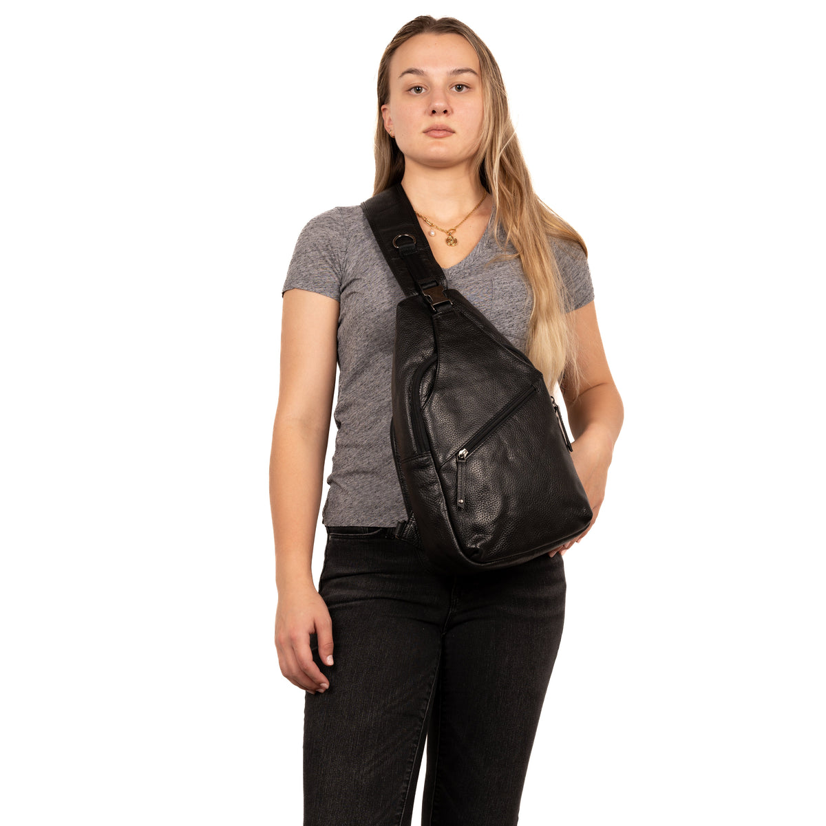 Concealed Carry Unisex Grayson Buffalo Leather Sling in Black – worn by model 2