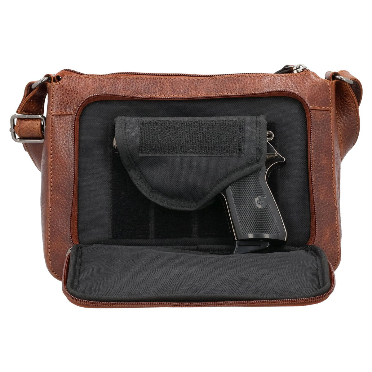 Concealed Carry Leah Buffalo Leather Crossbody with Wallet in Cognac – shown with handgun