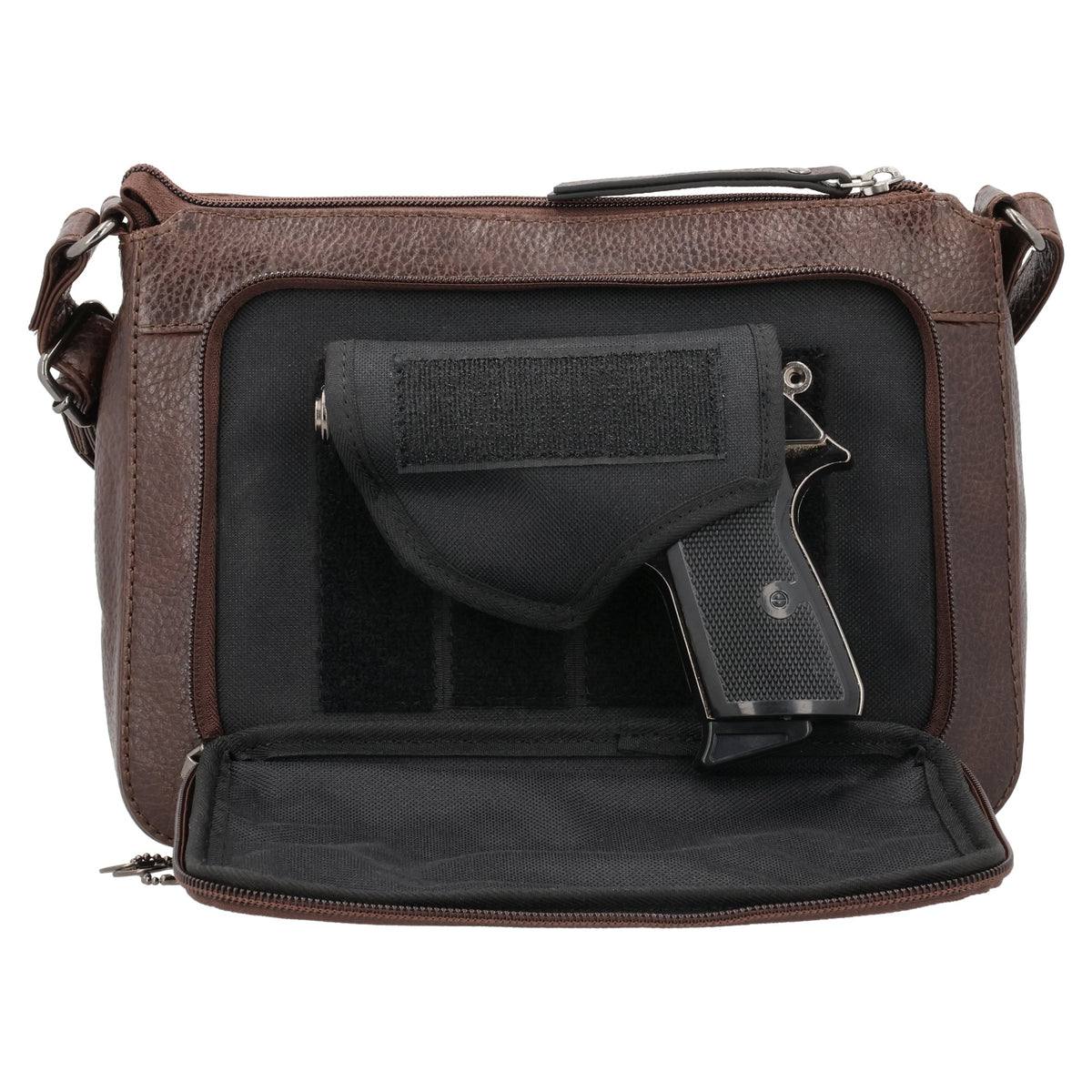 Concealed Carry Leah Buffalo Leather Crossbody with Wallet in Dark Brown – shown with handgun