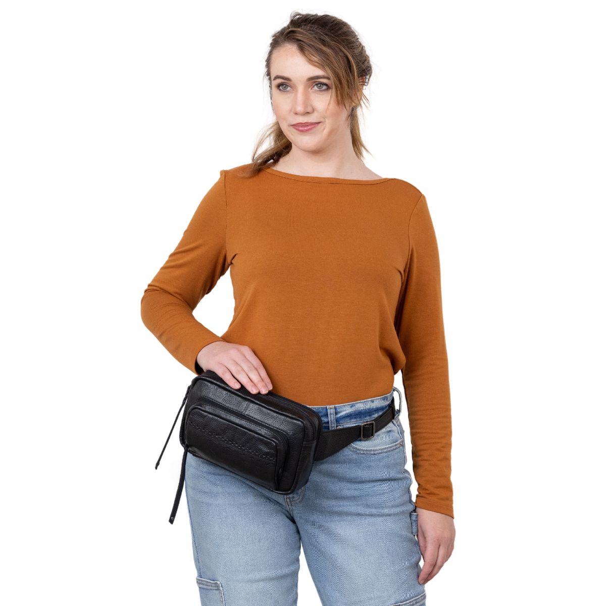 Concealed Carry Laney Buffalo Belt Bag in Black – worn by model