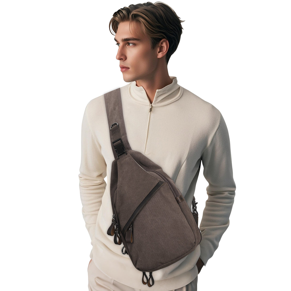 Concealed Carry Colt Canvas Sling in Dark Brown – worn by model