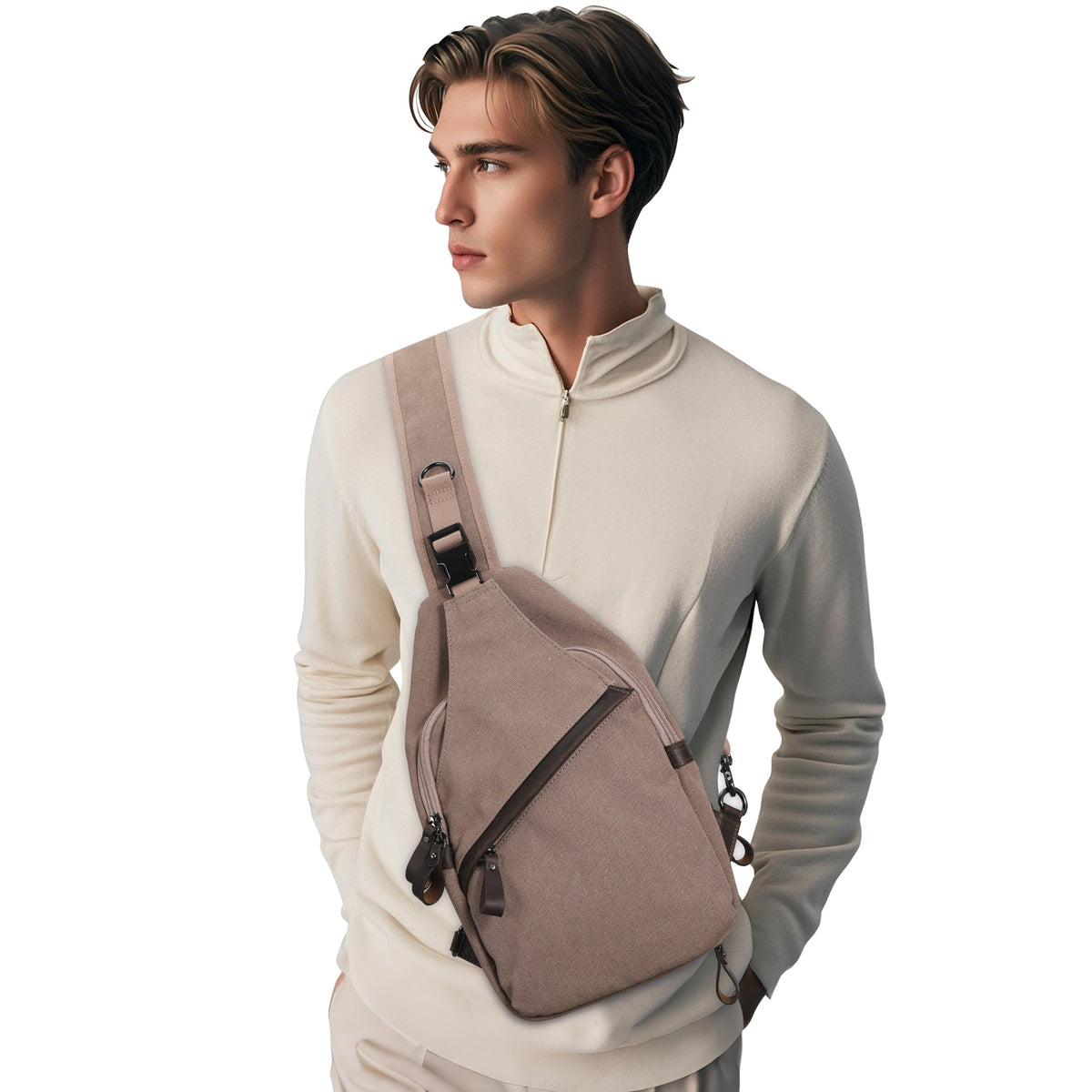 Concealed Carry Colt Canvas Sling in Light Brown – worn by model 3