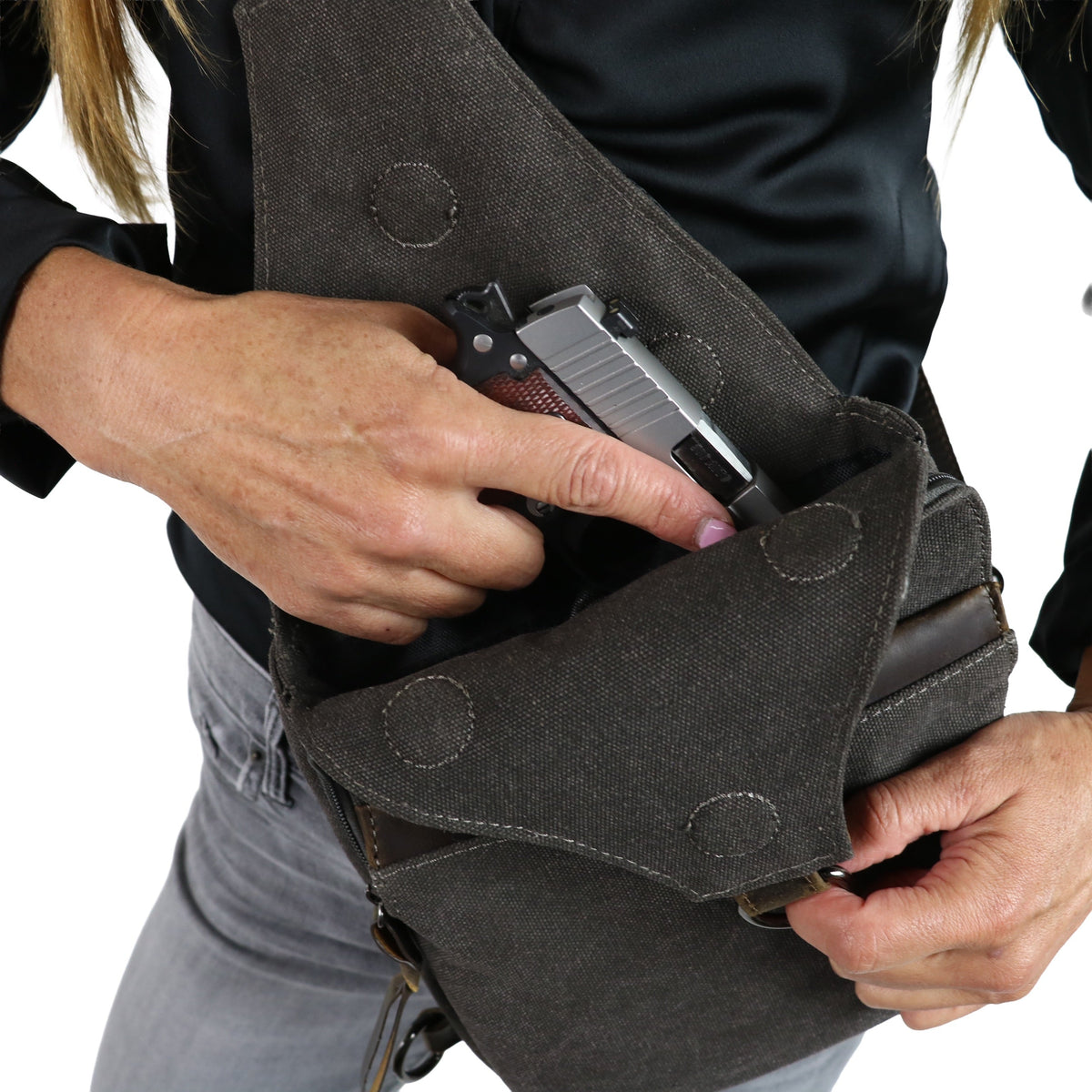 Concealed Carry Sling Bag in Slate – worn by model