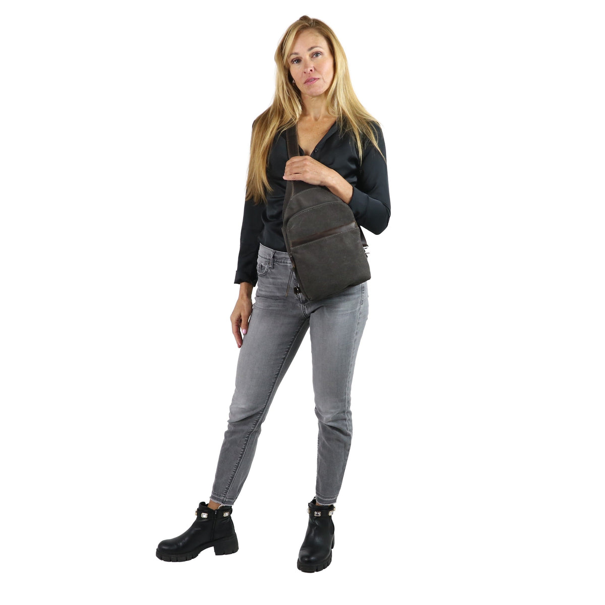 Concealed Carry Sling Bag in Slate – worn by model 2