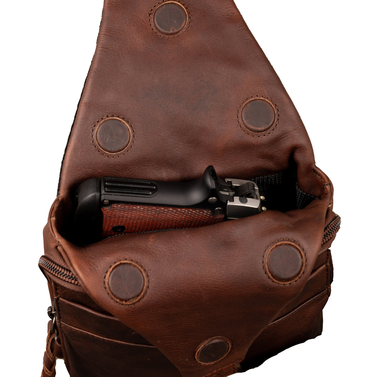 Concealed Carry Unisex Dakota Leather Sling in Cognac / Regular – interior view