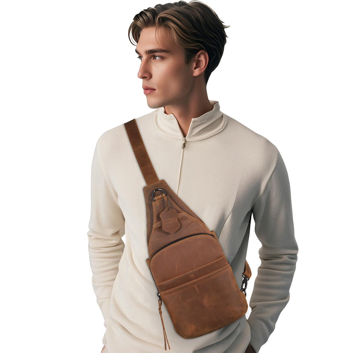 Concealed Carry Unisex Dakota Leather Sling in Cognac / Regular – worn by model 7