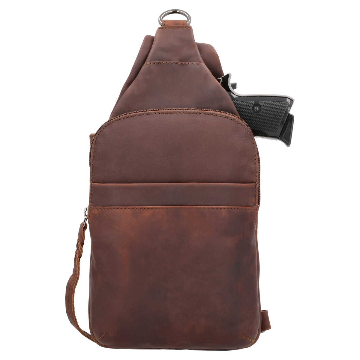 Concealed Carry Unisex Dakota Leather Sling in Cognac / Regular – shown with handgun 2